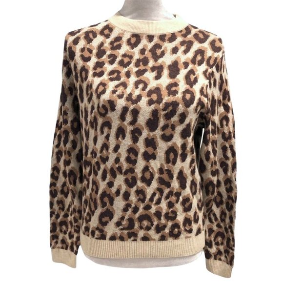 A New Day Leopard Print Crewneck Pullover Sweater XS Cotton Tan Brown Womens - Picture 1 of 4